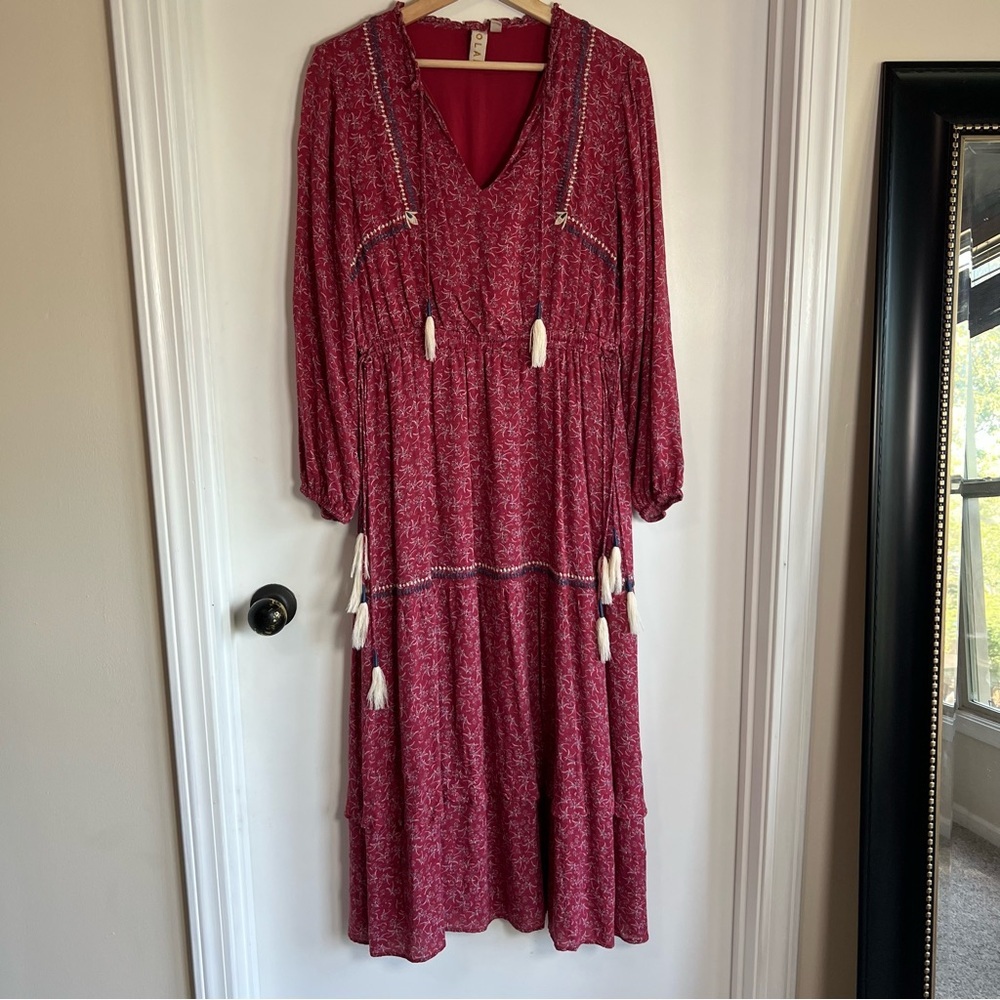 DOLAN Tassel Tie Maxi Dress in Raspberry Laurel Long Sleeve Boho, Size‎ Medium
